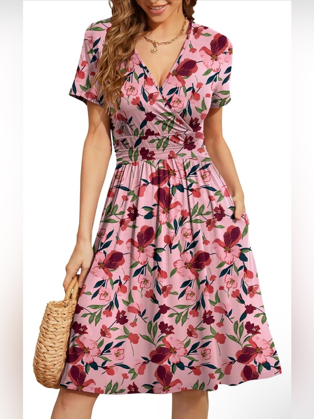 Pink Floral Wrap Midi Dress with Short Sleeves